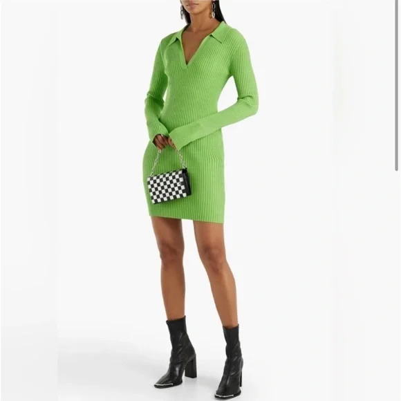 Helmut Lang Marl Ribbed Knit Mini Dress in Lawn Green Dresses